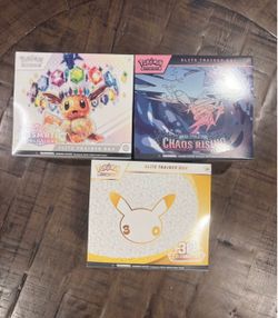 Pokémon Prismatic Evolutions Elite Trainer Box, 30th Celebration ETB, & Chaos Rising ETB