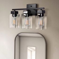 15.75 in 3-Light Matte Black Modern Vanity Light with Square Clear Glass Shade, Wall Lighting Fixtures for Bathroom