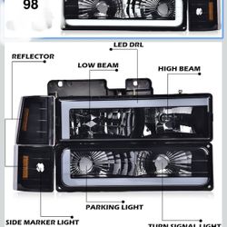 Set Of Black Housing Headlights With Parking Lights And Corners 