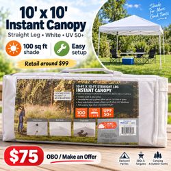 $75$ 10’ x 10’ White Instant Canopy – Straight Leg – Like New