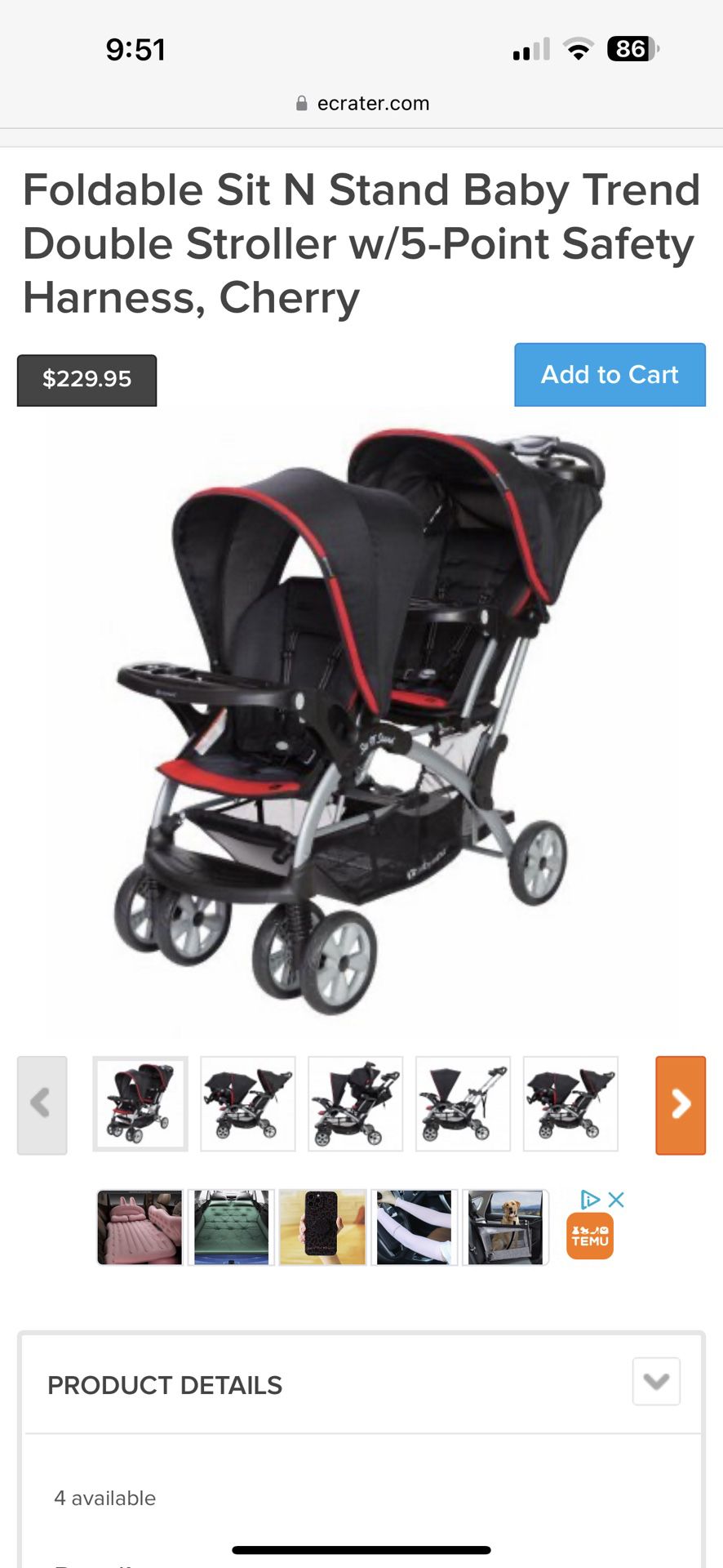 Baby Trend Double Stroller Red And Black