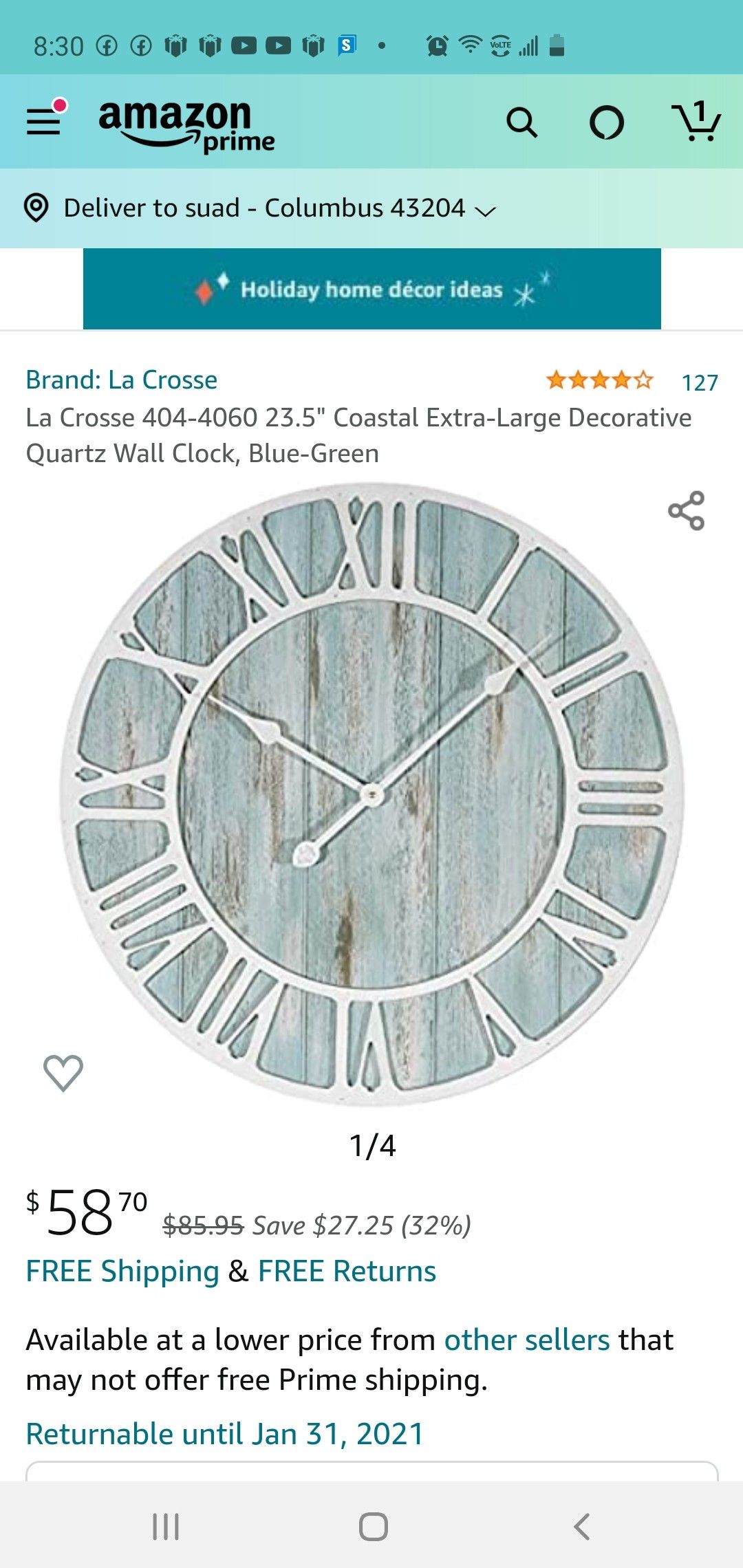 La Crosse {contact info removed}" Coastal Extra-Large Decorative Quartz Wall Clock, Blue-Green