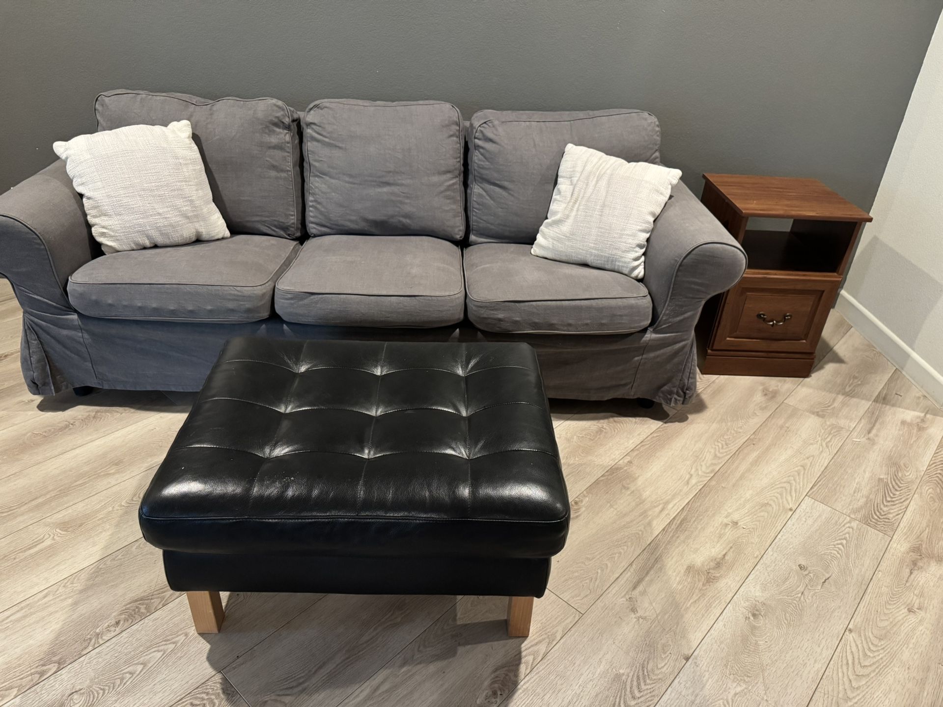 IKEA Couch, Side Table, and Ottoman