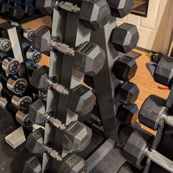 235 LB Rubberized Hex Dumbbells Set With Rack Stand 