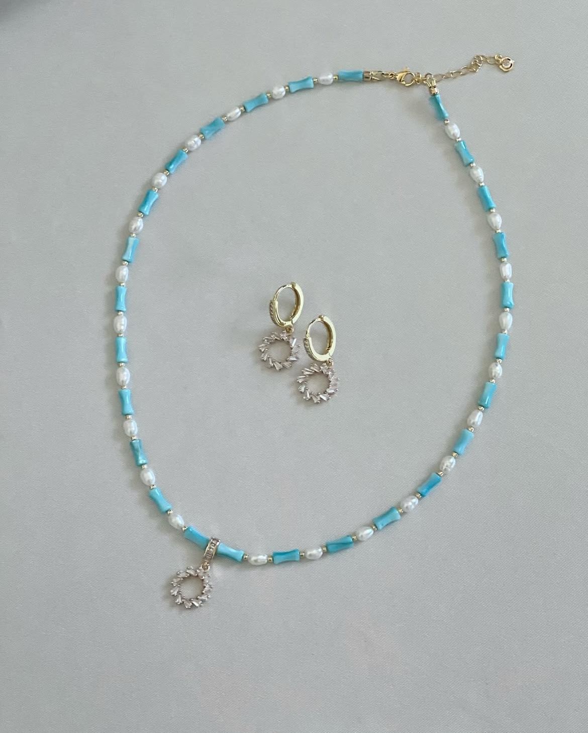 Natural Pearl & Freshwater Shell necklace set with 18K Gold Plated Earrings - turquoise & gold - Handmade Necklace