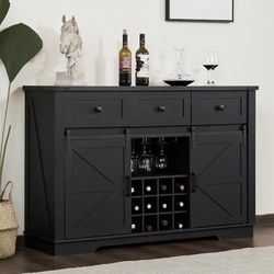 Farmhouse Buffet Cabinet with Storage, Sideboard Wine Cabinet with 3 Drawers, Adjustable Shelves, Sliding Barn Door, Wine and Glass Rack for Kitchen, 