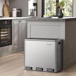 Trash Can, 3 x 4.8 Gallon Garbage Can, 14.4 Gallon Recycle Bin with Soft-Close Lids, Pedals, and Inner Buckets for Kitchen, Stainless Stee