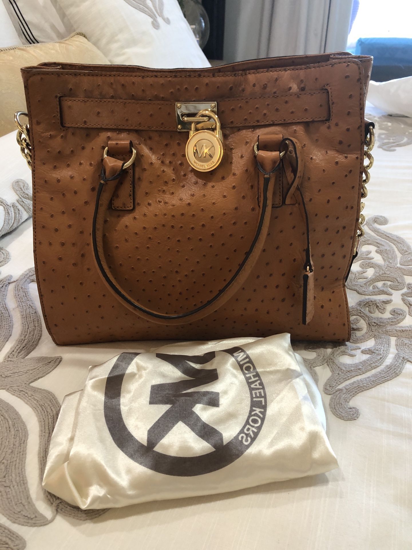 Michael Kors Hamilton Ostrich Leather Purse/tote Bag, 