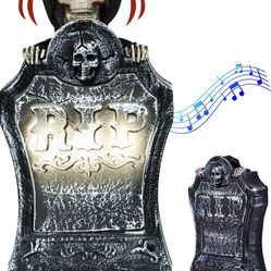 9" Halloween Decorations Resin RIP Graveyard Tombstone with LED Lights, Animated Movable Skeleton Skull with Glowing Eyes and Voice Activation for Yar