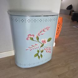Vintage Metal Clothes Hamper Floral Blue