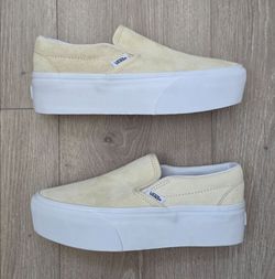 Vans Classic Slip On Stackform Platform Nubuck Shoes Beige/White Womens Size 6 New