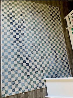 Large Checkered Area Rug Blue Green Cream