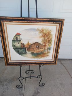 Original Vintage oval framed rural farm stone tower oil on canvas oil paiting signed Nathan