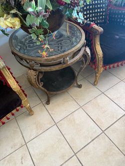 Pair of Round Glass Top Wrought Iron Side Tables