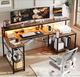 71.5 in. L-Shaped Rustic Brown LED Desk with Monitor Stand, Storage Shelves and Power Outlets