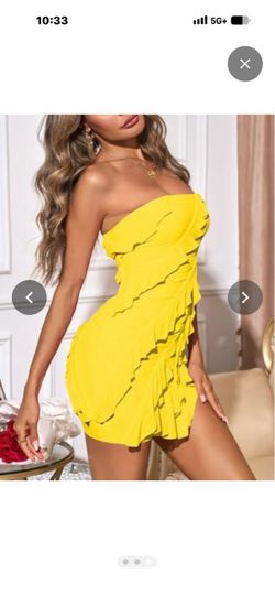 VIRAL YELLOW – Ruffle Strapless Bodycon Mini Dress – Vacation / Birthday / Night Out
