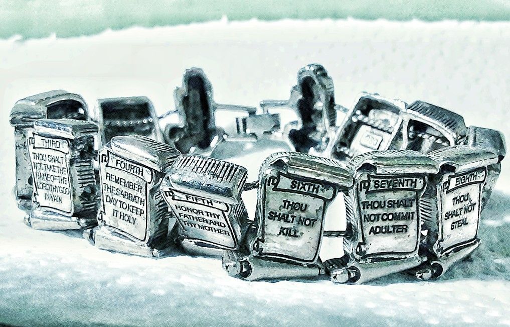 Signed BG Silvertone TEN COMMANDMENTS Slide Charm Bracelet Religious Christian Bible Gift