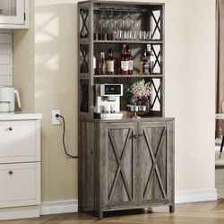 67" Tall Bar Cabinet with Wine Rack, Farmhouse Coffee Table with Storage Compartment
