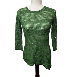 NEW Inc International Green Knit Asymmetrical  Long Sleeve Sequined  Top Women’s Sz  Small NWT