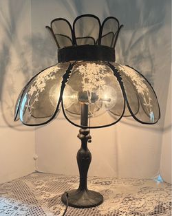 Vintage Brass Lamp with 8 Panel Glass Shade with Floral Pattern and Scalloped Panel Rim Lamp - Height 23”