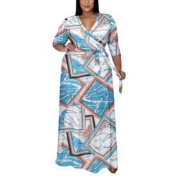 Plus Size Maxi Dress for Women - Summer Casual 3/4 Sleeve Floral Flowy Long Dress with Belt