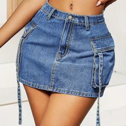 Super Stretch Denim Cargo Mini Skirt