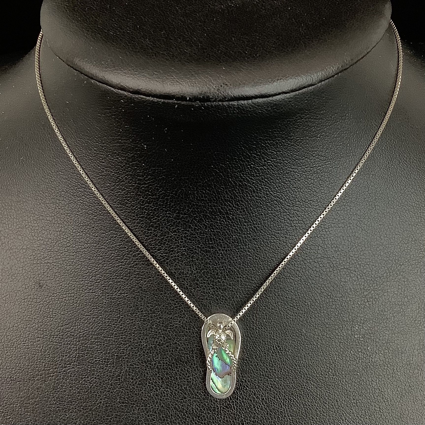 Sterling Silver Abalone Flip Flop Sea Turtle Pendant Necklace 18”