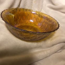  Indiana Carnival 1949 Depression Glass Marigold Iridescent Basket Weave Crisscross Pattern Large Serving Bowl