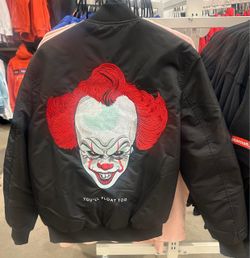 Vintage Black bomber jacket with embroidered “IT the movie” clown graphic