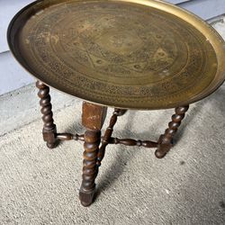 Old Vintage Mid Century 50s/60s Brass And Wood Asian Table 