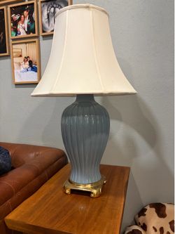 Vintage Blue Ceramic Ginger Jar Table Lamp with Brass Base and Silk Shade
