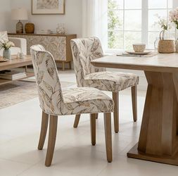 Upholstered Parsons Chair Set of 2, Linen Fabric Floral Patterned Dining Chairs with Walnut Wood Leg Cushioned Back Modern Rustic Side Chairs for Livi