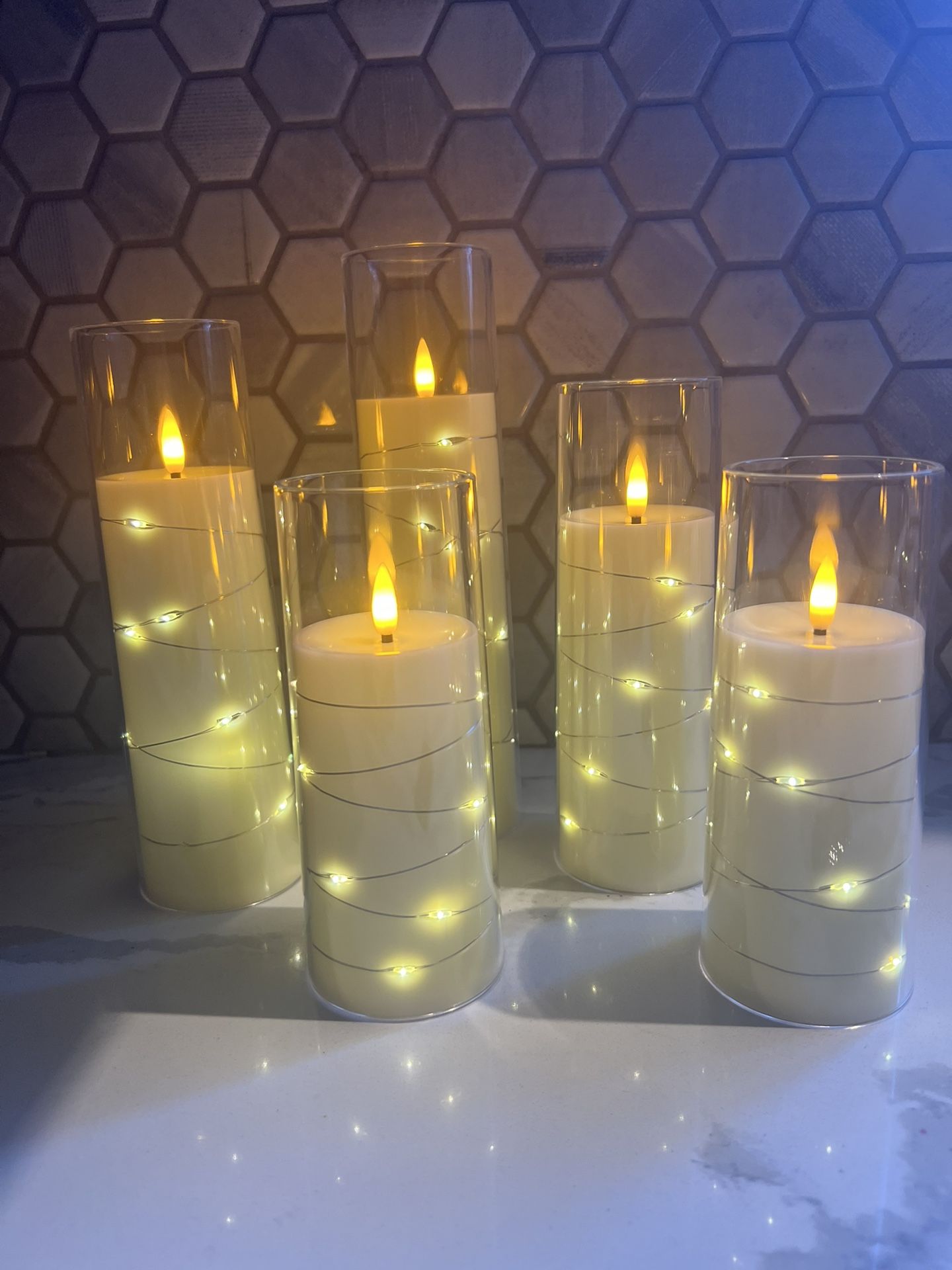 5 Flameless Candles W/ Fairy Lights