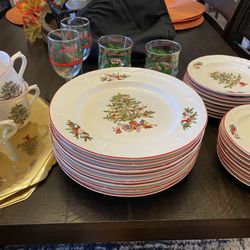 Christmas Dishes!! Joy To The World Brick Oven Stone Ware-8 Full Place Settings!!