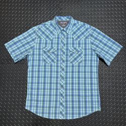 Wrangler 20X Western Shirt Pearl Snap Cowboy Blue Plaid Short Sleeve Mens XLT