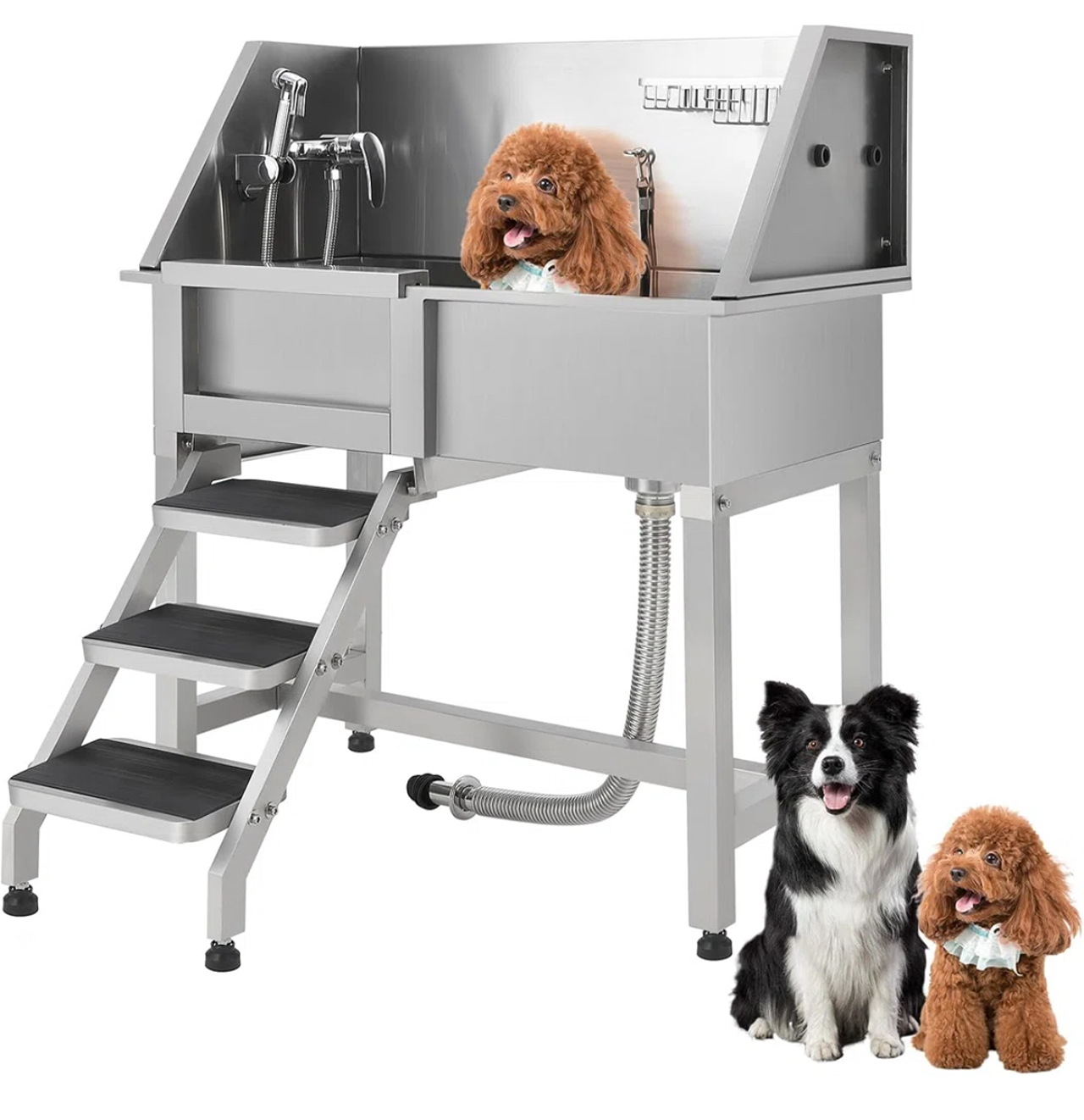 Pet Dog Bathing Station w/Stairs, Professional Dog Grooming Tub, Stainless Steel Dog Bathtub for Large, Medium&Small Pet, Height Adjustable Washing Si