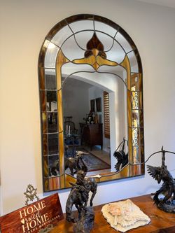 Vintage Stained  & Leaded Glass Mirror