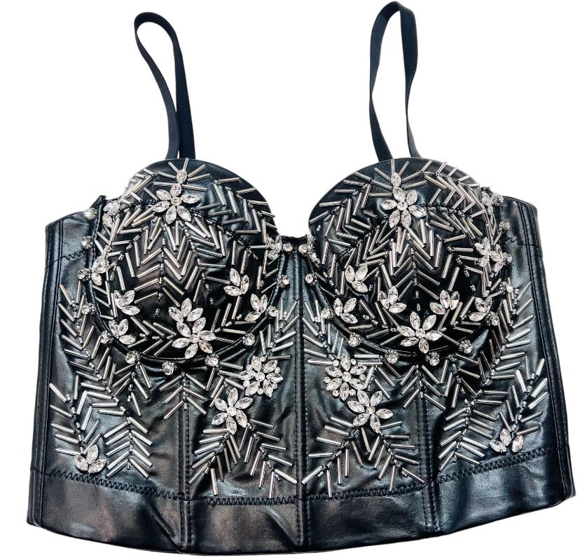 Windsor Halter Corset Top XS Black PU Leather Spaghetti Strap Beaded Rhinestoned