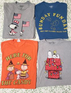 Four Peanuts Snoopy Themed Tshirts Size Large! Snoopy Christmas, Halloween, Fourth Of July & Sunday Funday Football! Price For All!