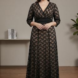 Black Lace Wrap Maxi Dress with Satin Waistband