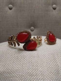Red Natural Stone Gold Plated Cuff Bracelet and Ring Set