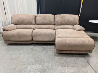 Tan Ribbed Fabric Reclining Sectional Couch with Chaise