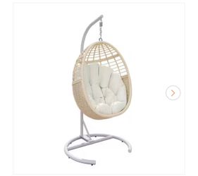 Beige Egg-Shaped Metal Outdoor Freestanding Porch Swings Hanging with Cushions