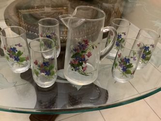Gorgeous  Avon Vintage set from 1980 ! French Pitcher n 6/glasses,  hand painted violets by J.Walsh. Not Used. ($25.00)