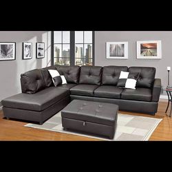 Black Leather Sectional Couch With Matching Power Recliner Chair 