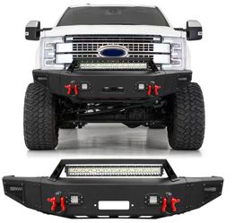 Heavy Duty Front Bumper Replacement for 2017-2022 F250 F350 F450 Super Duty, with Winch Plate, 5x LED Lights & D-Rings | Textured Black Steel Off-Road