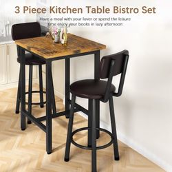 3 Piece Pub Dining Set, Modern bar Table and Stools for 2 Kitchen Counter Height Wood Top Bistro Easy Assemble for Breakfast Nook Living Roo