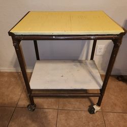 VINTAGE INDUSTRIAL STEEL METAL WOOD TABLE TOO 2 TIER SHELF WORK MULTI PURPOSE CART W/ WHEELS