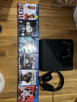 PS4 Slim With Several Unopened Games, Headset,  and Two Controllers