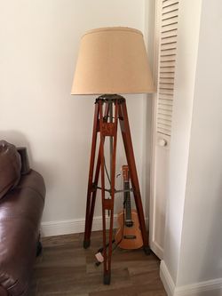 Wood Tripod Floor Lamp with Large Fabric Shade